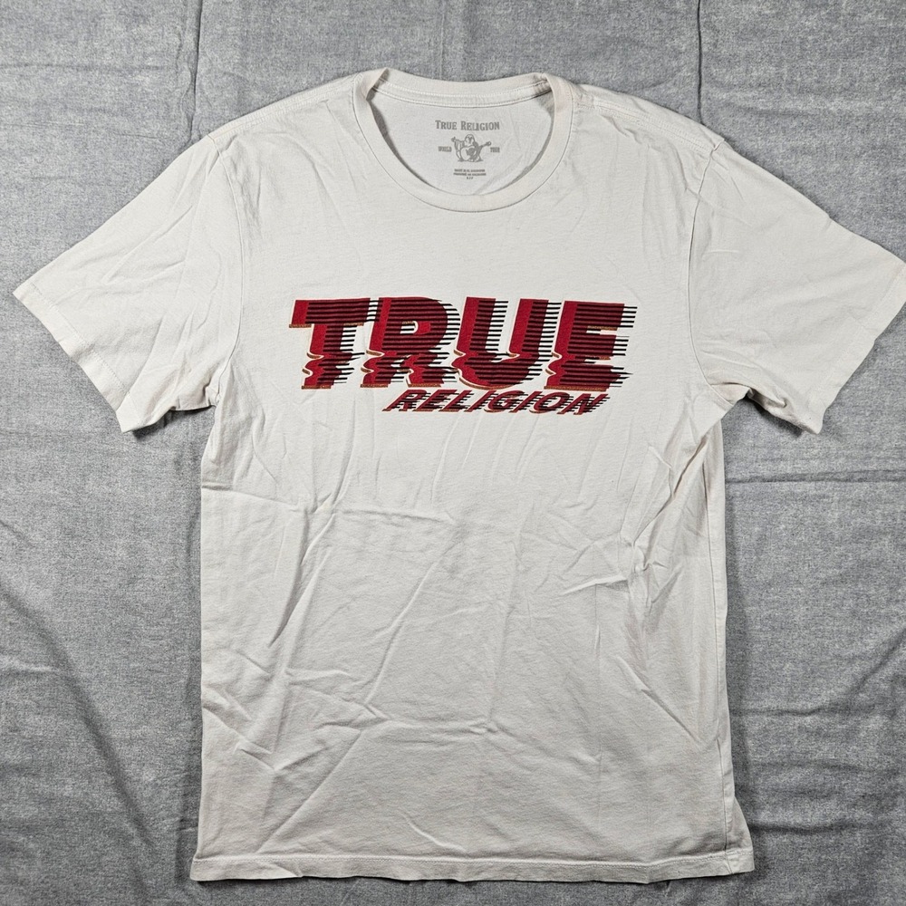 True Religion Mens Graphic T-Shirt White Red Black Glitch Logo SZ Small Cotton